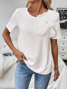 Franclia 花卉贴花短袖 T 恤 夏季图案 T 恤 女式上衣 - 白色 - 查看 7