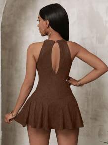 VaVaBold 女式无袖纯色简约优雅挂脖荷叶边下摆连衣裙 - 棕色 - 查看 2