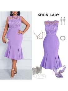 SHEIN Lady 大码紫色串珠刺绣无袖高腰美人鱼紧身优雅连衣裙外出服装四季 - 紫色 - 查看 1