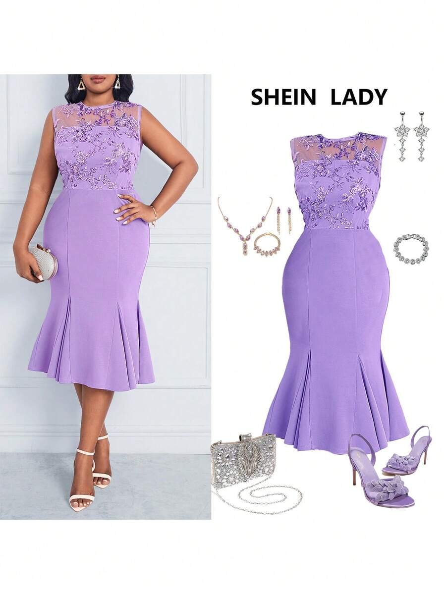 SHEIN Lady 大码紫色串珠刺绣无袖高腰美人鱼紧身优雅连衣裙外出服装四季 - 紫色 - 查看 1