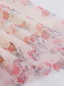 Floral Mesh Overlay Printed Skirt - Pink - View 5