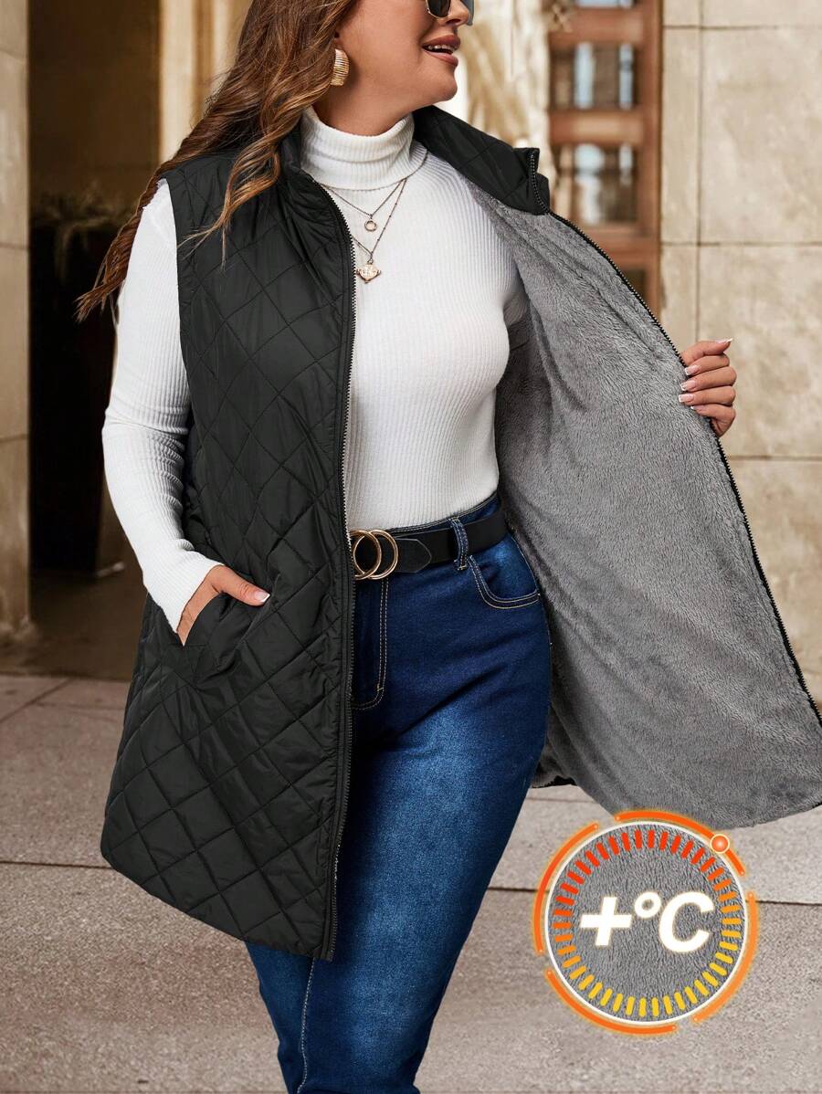 SHEIN Clasi 大码女式菱形图案无袖简约棉服外套 - 黑色 - 查看 1