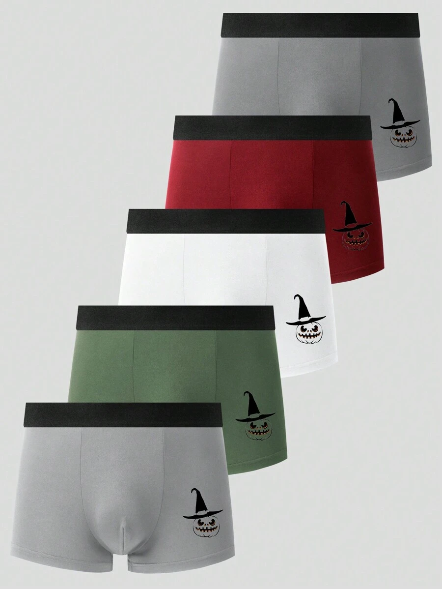 5pcs Men's Simple Pumpkin Pattern Boxer Briefs, Halloween Themed - Multicolor - View 1