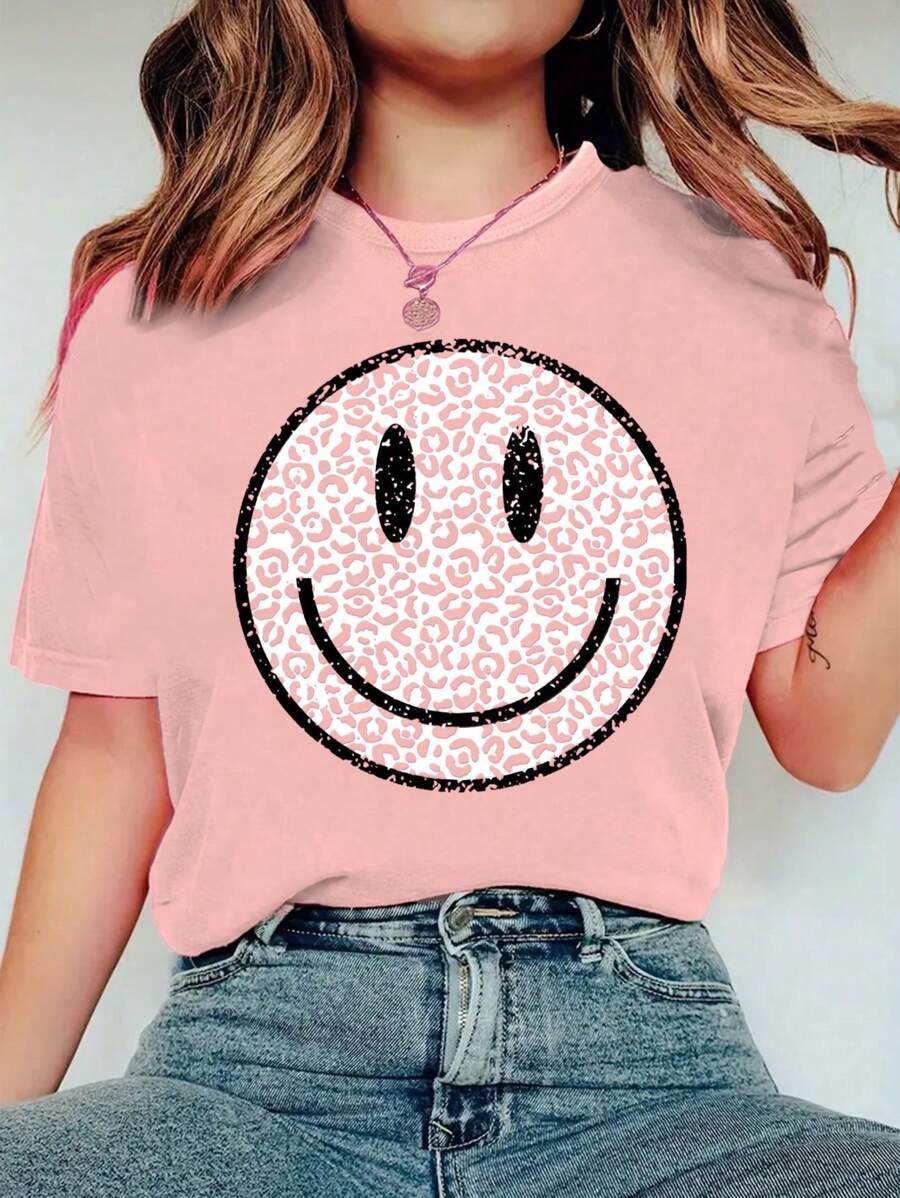 SHEIN Tween Girl Smiling Face & Leopard Print Short Sleeve T-Shirt, Cute And Versatile Top - Pink - View 1