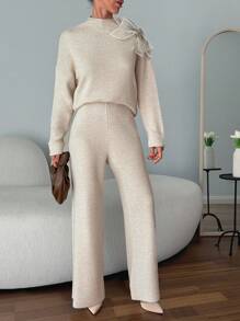 EURMUSE Women Sweater Sets With 3d Big Ribbon Detail - Beige - View 7