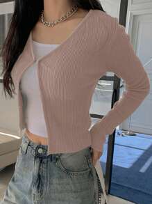 Dazy Tall 女士合身休闲纯色开衫，春秋款 - 駝色 - 查看 5