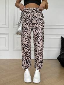 SHEIN EZwear Women's Elastic Waist Casual Stylish Leopard Print Cuff Sweatpants - Multicolor - View 5