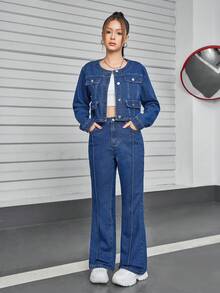 SHEIN Explorewe Conjunto de pantalones vaqueros acampanados de estilo retro informal para adolescentes - Azul lavado oscuro - Ver 6