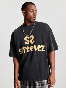 Manfinity NXTstreet Men's Loose Fit Round Neck Short Sleeve T-Shirt With Snowflake & English Print, Suitable For Summer - Black - View 4