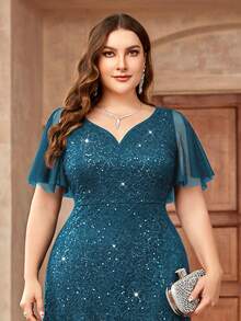 Đầm dạ hội đính sequin ren cổ tim tay bồng, đầm dự tiệc sang trọng, đầm dự tiệc cưới, thích hợp cho sinh nhật, lễ tốt nghiệp, dạ hội mùa xuân. - Màu xanh bụi bặm - Xem 8