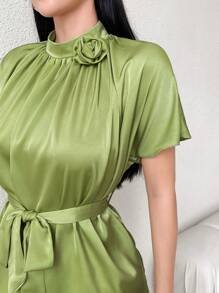 Modelyn Women's Elegant Solid Color 3D Floral Decor Collar Blouse, Summer