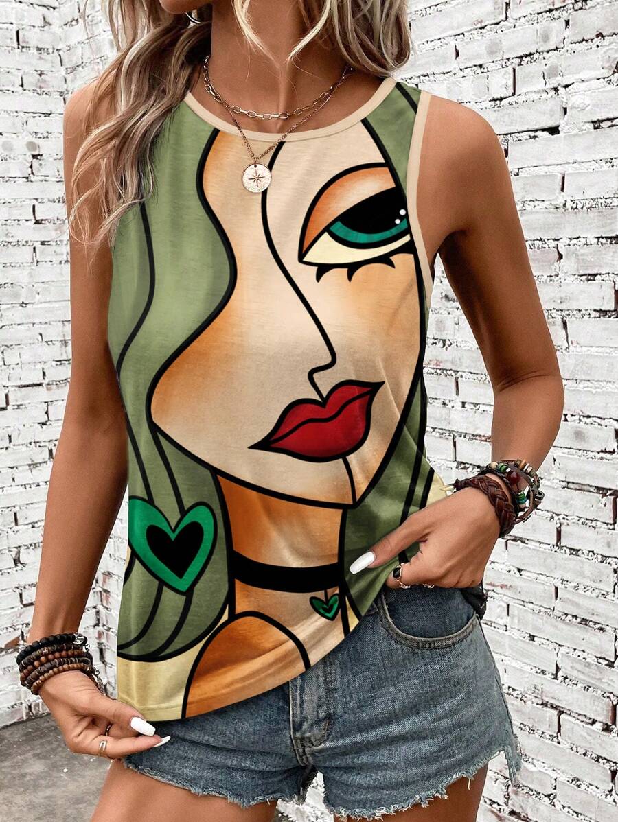 EMERY ROSE Face Print Fitted Sleeveless T-Shirt Tank Top For Women,Casual - Green - View 1
