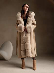 Anewsta Abrigo largo con cinturón y cuello de peluche oversize - Beis - Ver 5