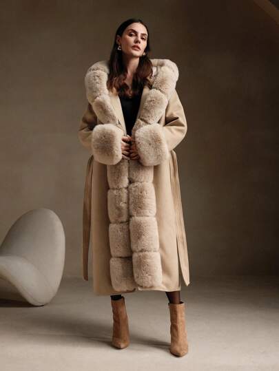 Anewsta Oversized Fuzzy Collar Long Coat With Belt