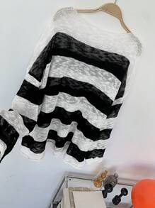 DAZY Women's Loose Fit Black And White Striped Sweater Fall - Black and White - View 8