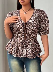 SHEIN EZwear 大码女式夏季豹纹系带短款泡泡袖荷叶边下摆衬衫 - 彩色 - 查看 4