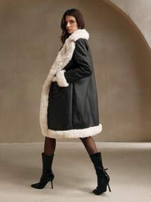 Anewsta Fur Trimmed Waist Cinched Mid-Length Regular Fit Jacket For Women - Black - View 2