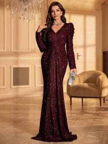 UNITHORSE 女士闪亮羊腿袖正式派对礼服（加厚款）婚礼宾客礼服晚礼服、新娘礼服、生日礼服、毕业礼服、春日优雅度假长裙 - 酒紅色 - 查看 1