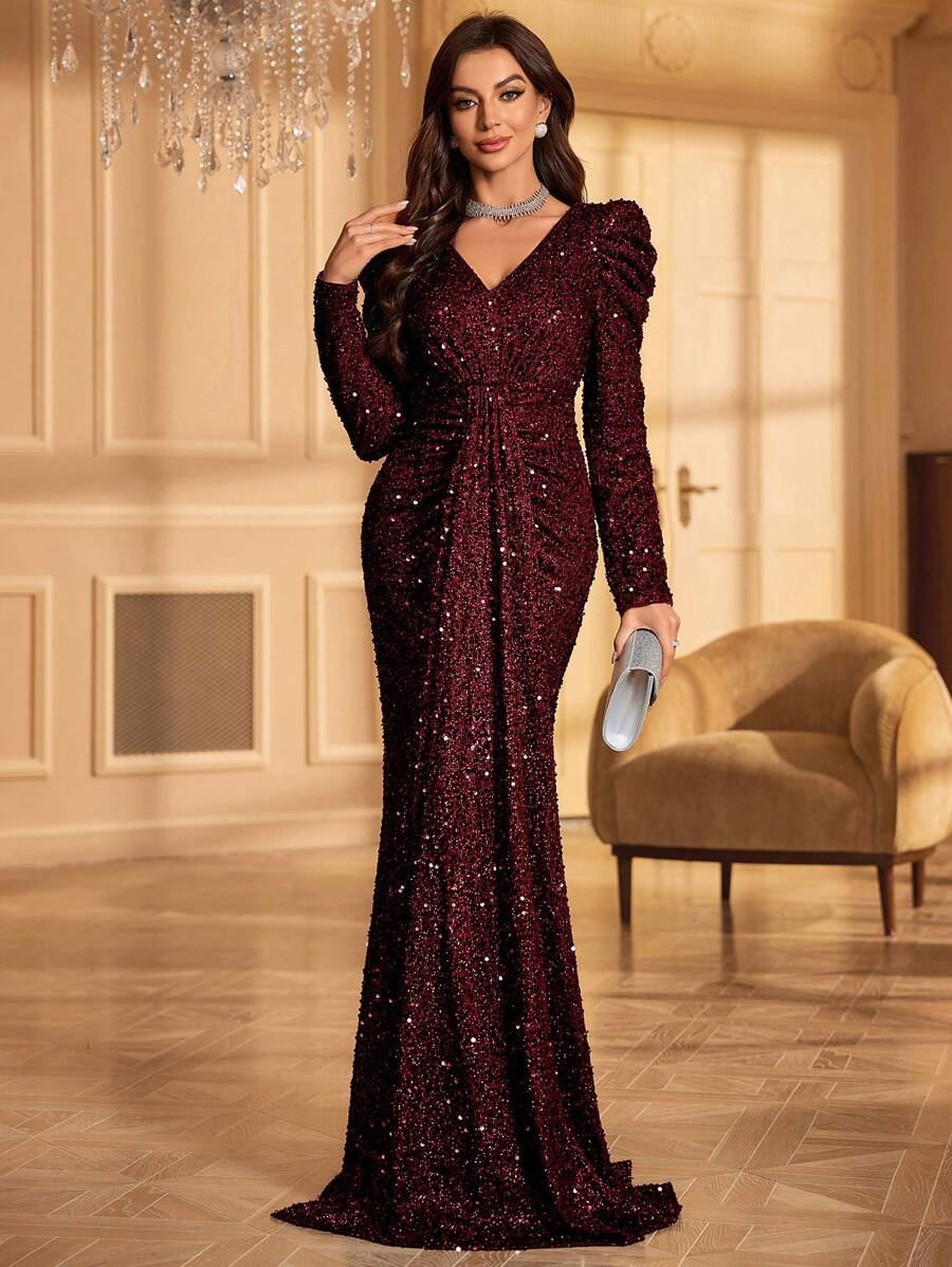UNITHORSE 女士闪亮羊腿袖正式派对礼服（加厚款）婚礼宾客礼服晚礼服、新娘礼服、生日礼服、毕业礼服、春日优雅度假长裙 - 酒紅色 - 查看 1