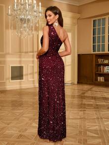 UNITHORSE Women's Minimalist Daily Wear Asymmetrical Neck Sequin High Slit Maxi Dress Party Dress Wedding Guest Dress Formal Dress Evening Dress, Bride Dress, Birthday Women Outfits, Graduation Dress, Fall Women Clothes - Burgundy - View 2