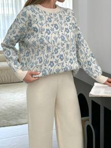 EURMUSE Blue Flower Jacquard Pattern Pullover And Pant 2 Pcs Set - Multicolor - View 8