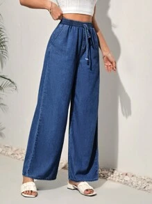 SHEIN Tall Women Casual Loose Straight Leg High Waist Elastic Waistband Blue Jeans - Medium Wash - View 4