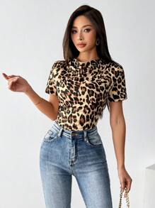 SHEIN Privé 女士豹纹短袖紧身衣 - 彩色 - 查看 6