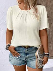 Momelise 大码女式休闲纯色简约日常圆领短袖衬衫 - 杏色 - 查看 6