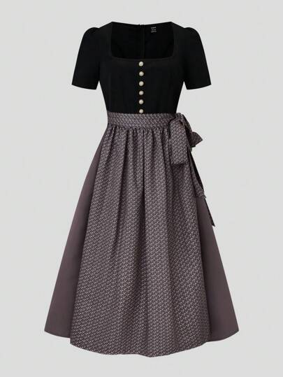 Fairmaia Women Dirndl Dress With Pearl-Button Front And Retro Pattern Apron, Dirndl Dresses, For Oktoberfest