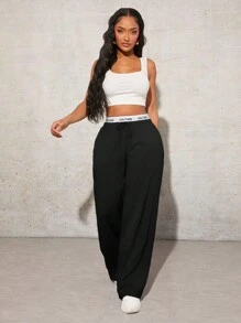 SHEIN SXY Women's Simple Letter Print Patchwork Casual Wide Leg Black Sweatpants - Black - View 6