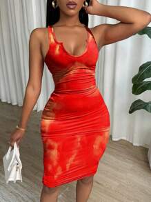 VaVaBold Tie Dye Pleated Slim Fit Sleeveless Bodycon Dress For New Year Clothes
