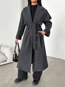 EURMUSE Women's Double-breasted Mid-length Woolen Coat - Dark Grey - View 1