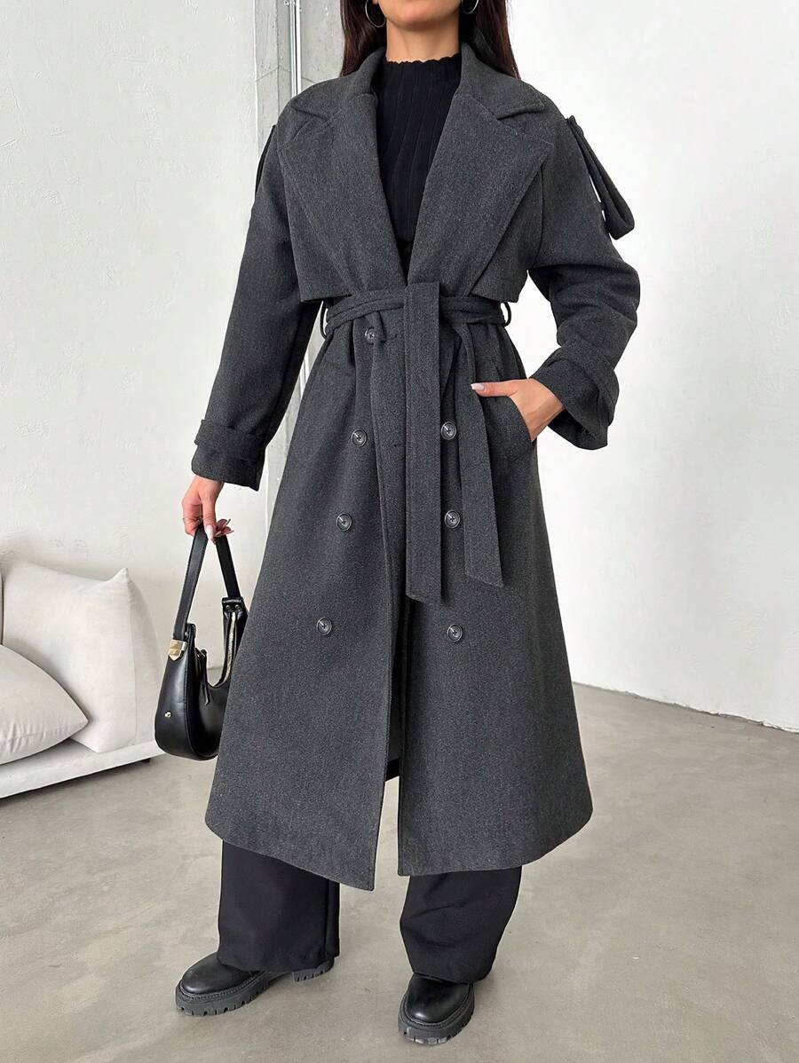 EURMUSE Women's Double-breasted Mid-length Woolen Coat - Dark Grey - View 1