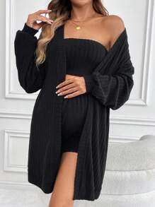 SHEIN Maternity Raglan Sleeve Button Up Crop Top & Adjustable Waist Shorts Set, Spring Summer - Black - View 3