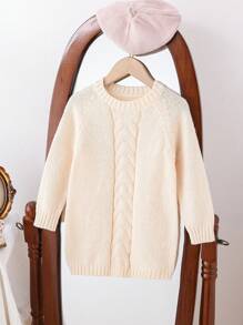 Young Girls' Spring/Autumn Casual Solid Color Twisted Sweater Dress With Round Neck - Beige - View 1