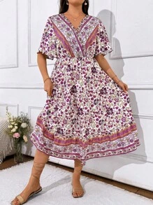 Breezaya 女士花卉印花复古 V 领短袖连衣裙 - 紫色 - 查看 5