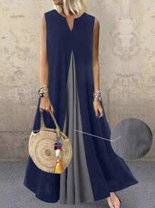 SHEIN LUNE 女士 V 领拼接拼色无袖夏季连衣裙 - 彩色 - 查看 1