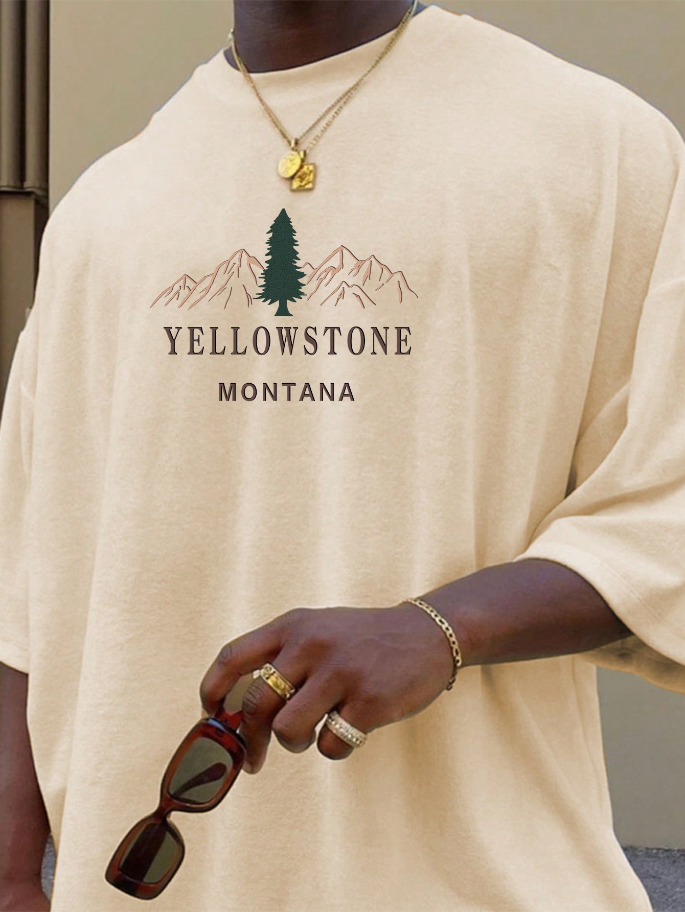 Men's Yellow Stone Graphic Print Round Neck Short Sleeve T-Shirt, Summer