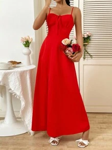 Sweetra 女式纯色高开叉细肩带夏季连衣裙，适合新年服装，长款女装 - 紅色 - 查看 6