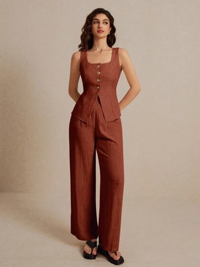 Poéselle Sommarlinnekostymväst Tvådelat set dam" Fashionabla enfärgade knappar Kontrastfärg Ärmlös topp- och byxuppsättning Bär bekvämt tyg Andas Mjukt Lämpligt för pendling Daglig semesterklädsel