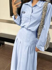 DAZY 女士休闲字母印花长袖衬衫和裙子两件套，春秋 - 藍色 - 查看 7