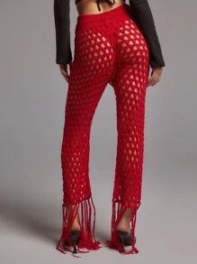 SHEINNeu Bộ quần và áo dệt kim màu trơn có viền khoét gợi cảm dành cho nữ, mùa hè - Đỏ - Xem 1