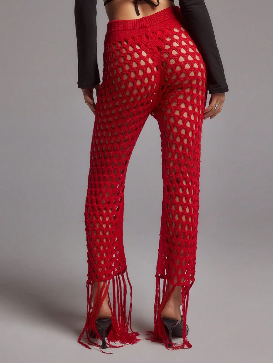 SHEINNeu Bộ quần và áo dệt kim màu trơn có viền khoét gợi cảm dành cho nữ, mùa hè - Đỏ - Xem 1