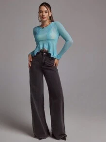 SHEINNeu Women Solid Color Semi-Sheer Lace Trim Long Sleeve Blouse - Mint Blue - View 3