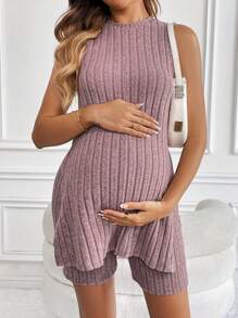 SHEIN Maternity Split Hem Tank Top & Biker Shorts - Dusty Pink - View 5