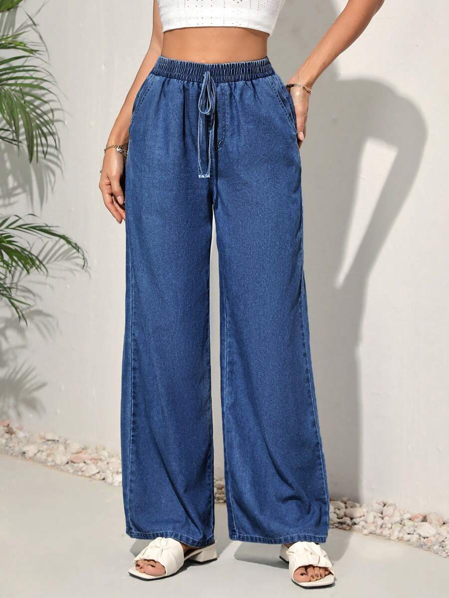 SHEIN Tall Women Casual Loose Straight Leg High Waist Elastic Waistband Blue Jeans - Medium Wash - View 1