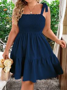 Lyrianda 加大码纯色系带度假背心裙 - 藏蓝色 - 查看 1