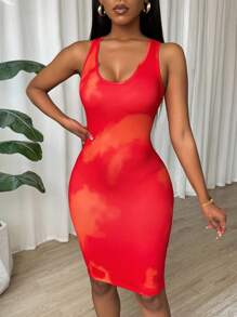 VaVaBold Tie Dye Pleated Slim Fit Sleeveless Bodycon Dress For New Year Clothes