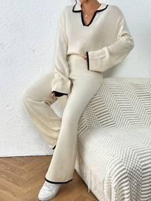 Bộ quần ống rộng ống rộng dáng rộng cổ chữ V phối màu tương phản đơn giản cho nữ Joy Knit - Màu be - Xem 5