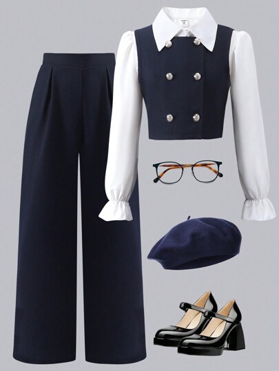 SHEIN Tween Girl's Elegant Polo Collar Shirt, Double-Breasted Vest And Trousers 3pcs Set